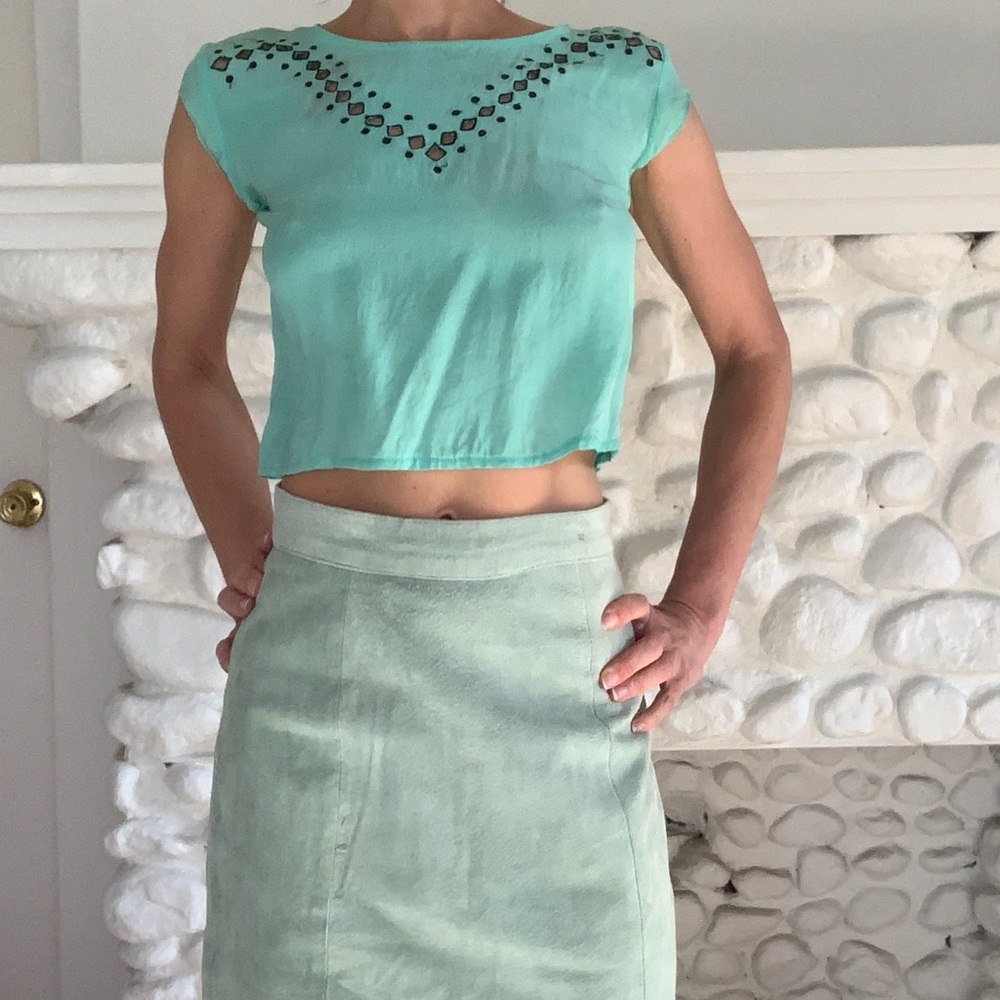 Pale green suede vintage knee length skirt
